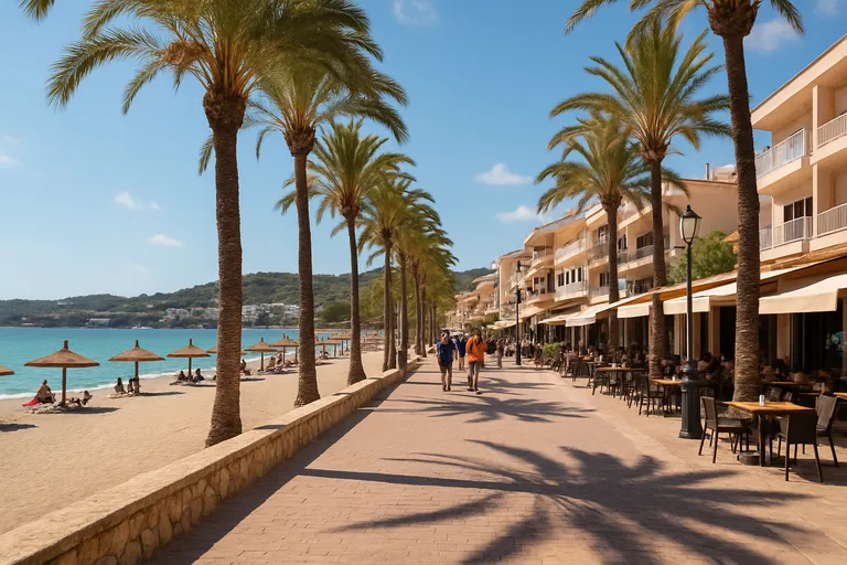 Flaneren over de boulevard van paguera op mallorca met strand, winkels en sfeervolle terrassen